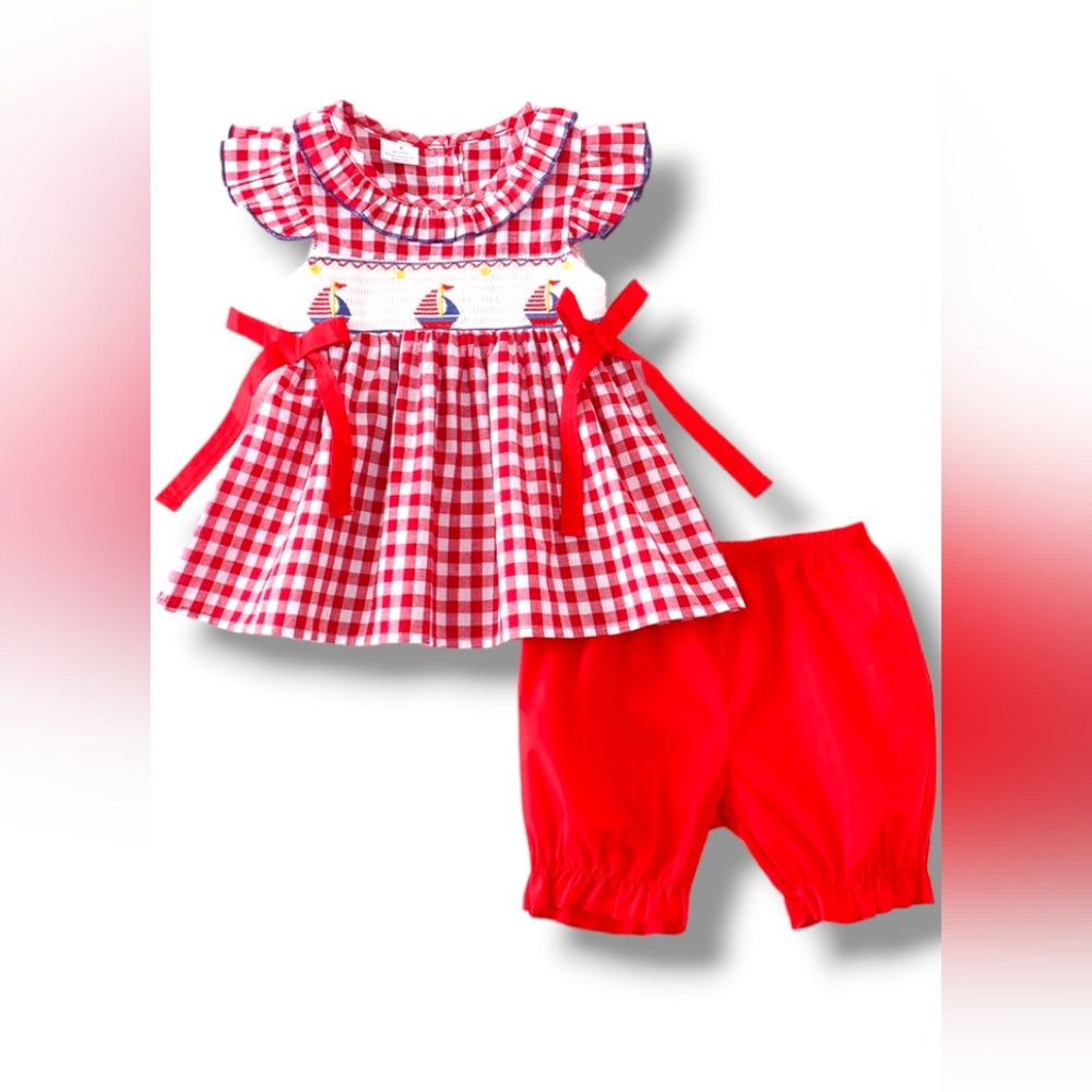Red Plaid Sailboat Smocked 2-Piece Set